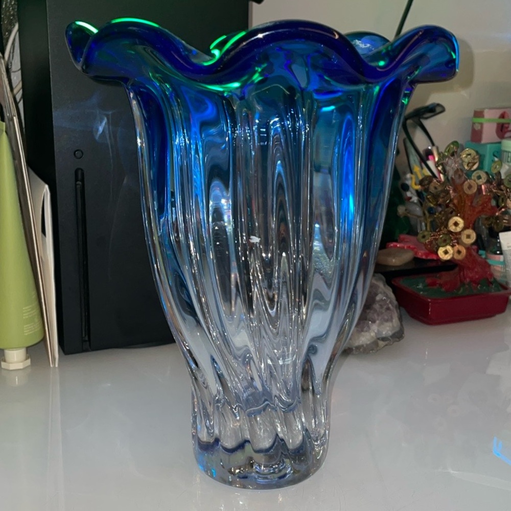 Vintage Shannon Crystal Hand Blown Blue & Clear Vase